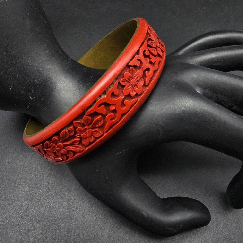 Vintage Faux Cinnabar Brass Bangle Bracelet Red Carved